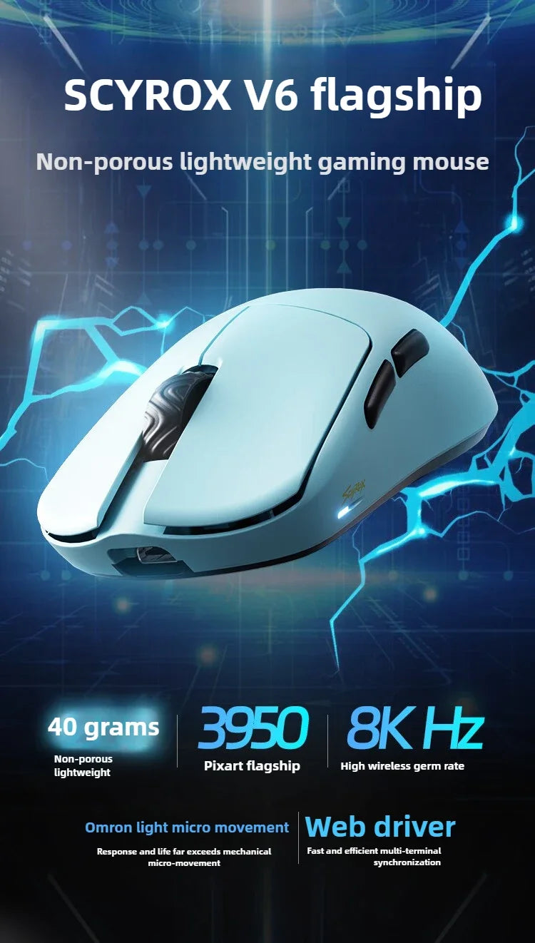 SCYROX V6 neporozna brezžična esports miška 40g 750IPS z 8k sprejemnikom, hitrim odzivom 3950, visoko kakovostjo 8KHz, gaming miška