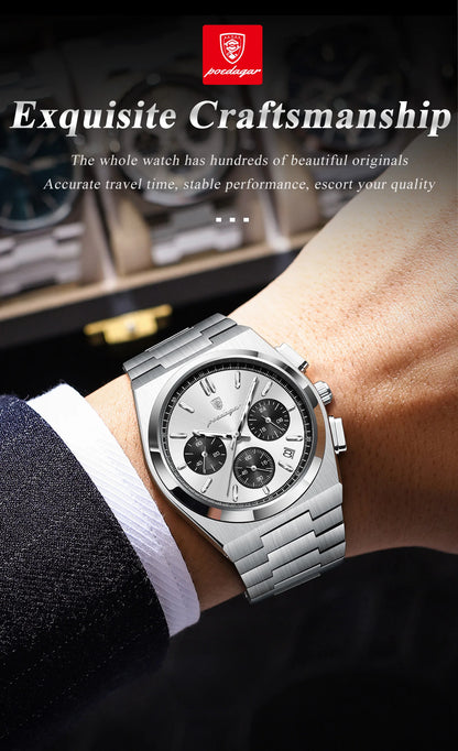 POEDAGAR Luxury Men's Watch Chronograph Date Stainless Steel Casual Man Clock Waterproof Luminous Fashion Quartz Watches For Men