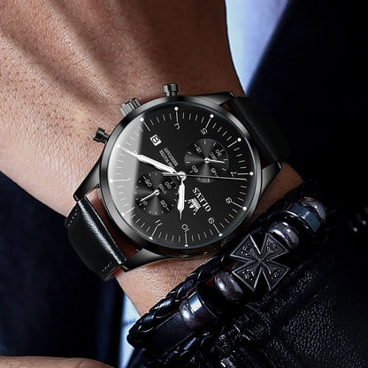 OLEVS 2880 Herrenuhr – Eleganter, schlichter Chronograph, Lederarmband, automatische Datumsanzeige, wasserdicht, leuchtende Zeiger, Quarzwerk.