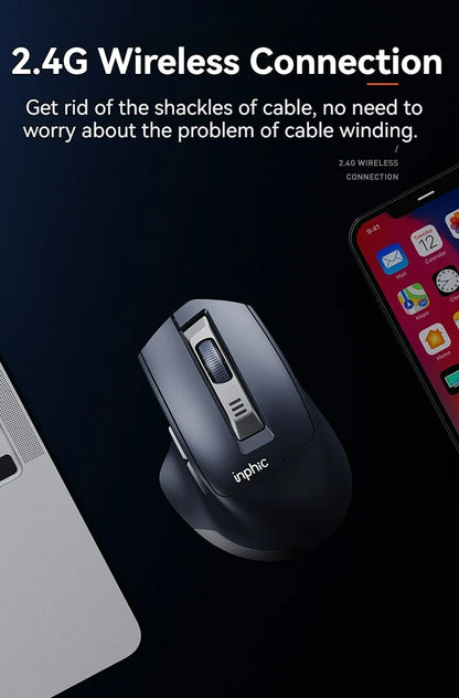 Brezžična miška Inphic M9 z 2.4G USB-sprejemnikom, polnilna prek Type-C, tihimi gumbi, prikazom napolnjenosti in ergonomsko zasnovo – univerzalna pisarniška miška
