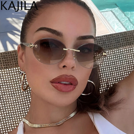 Steampunk Oval Rimless Sunglasses Women 2026 Luxury Brand Vintage Metal Frame Sun Glasses For Lady Retro Frameless Shade Eyewear