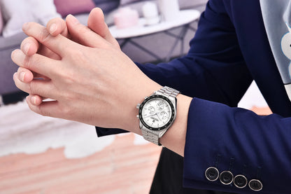 Vyriškas laikrodis „PAGANI DESIGN“ „New Moon“ – prabangus kvarcinis laikrodis su chronografu, safyro stiklu su antirefleksine danga, keraminiu rėmeliu ir šviečiančiomis rodyklėmis