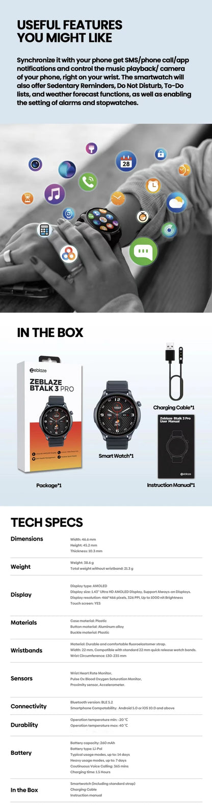 New Zeblaze Btalk 3 PRO Smart Watch 1.43" AMOLED Display Bluetooth Phone Calls Smartwatch Health and Fitness Tracking