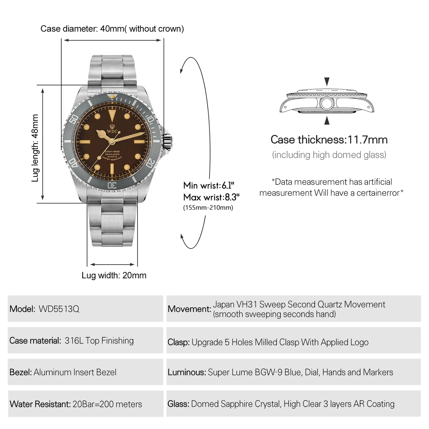 Watchdives WD5513Q 40mm Quartz Diver Watch VH31 Sweep Second Sapphire 200m Waterproof Steel Bracelet BGW9 Lume Mens Watch