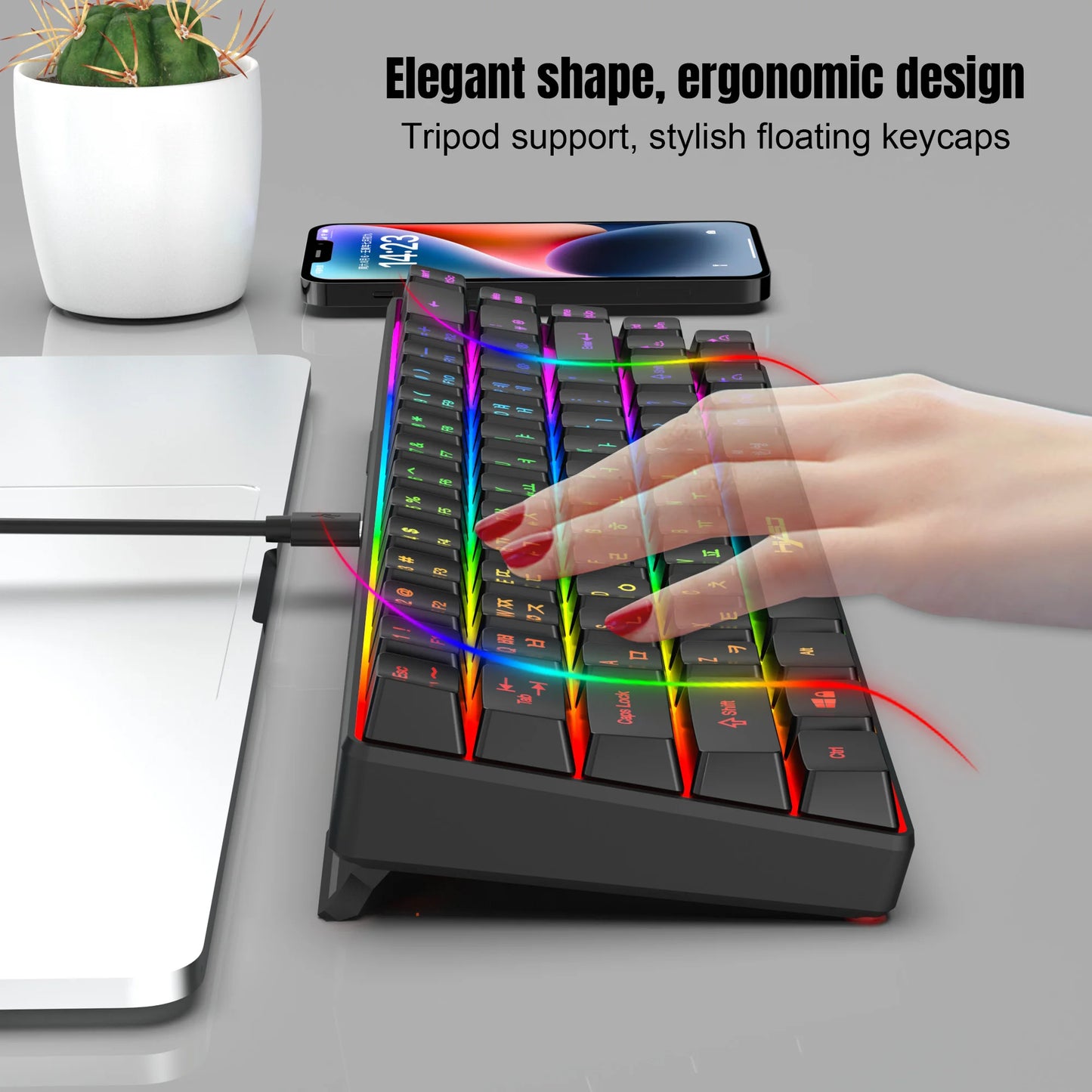 Portable HXSJ V200 68-key Korean gaming Keyboard, 65% RGB Backlit Wired office membrane Keyboard for Desktop PC and Laptops