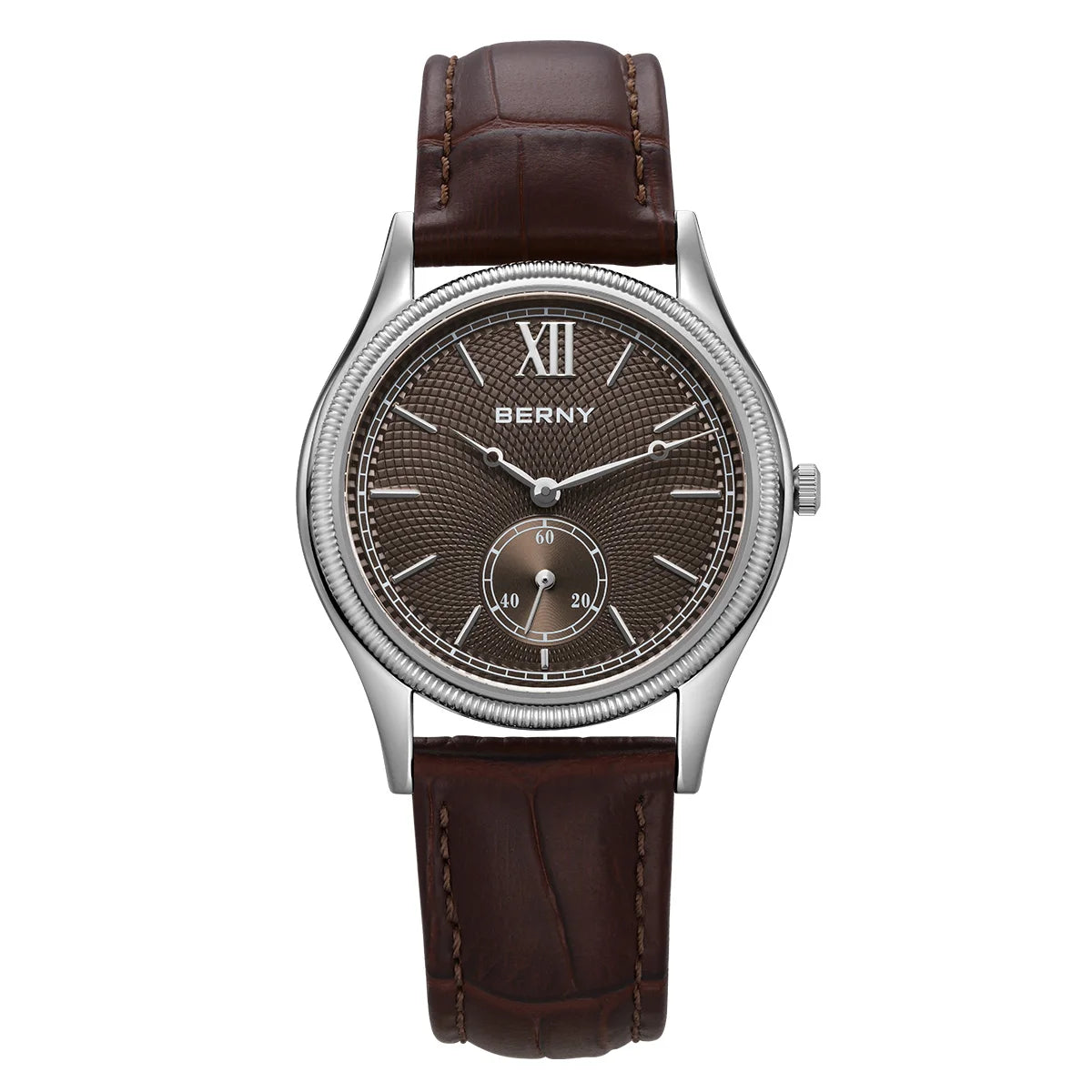 BERNY Watches for Men Luxury Slim Classic Stylish Dress Quartz Watch Stainless Steel Case Elegance Leather Band Wristwatch
