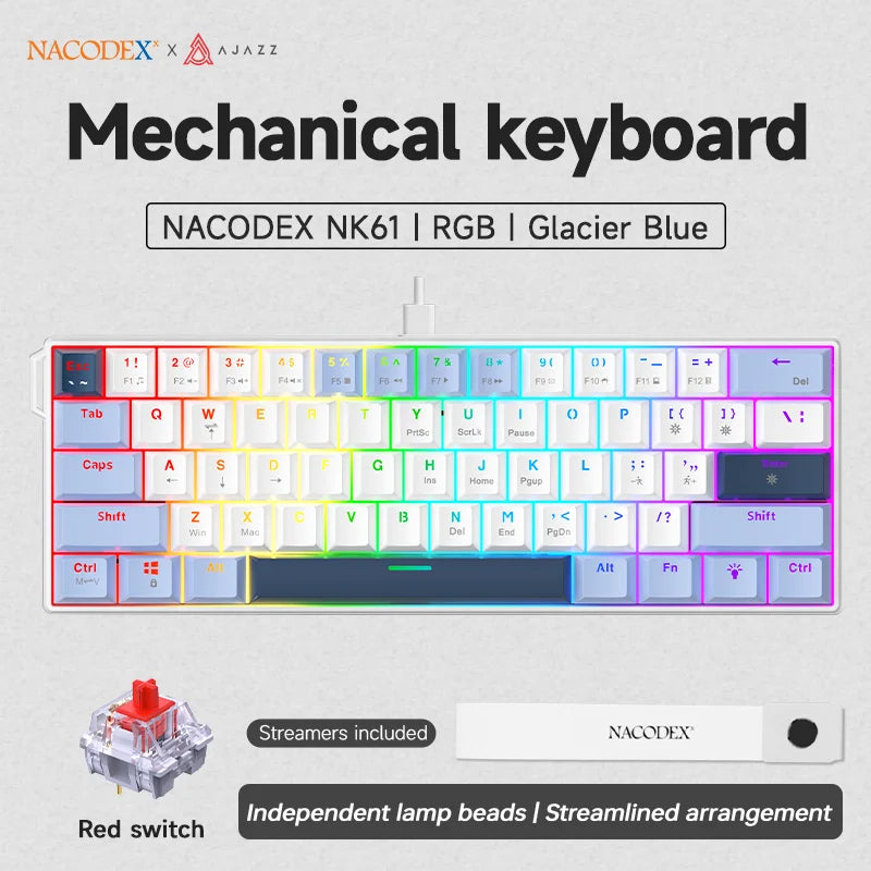 Ajazz NK61 Wired Mechanical Keyboard 60% Mixed Color RGB Hot-Swap 61 Keys Gaming Keyboard Rad Switch for Esports Gamers