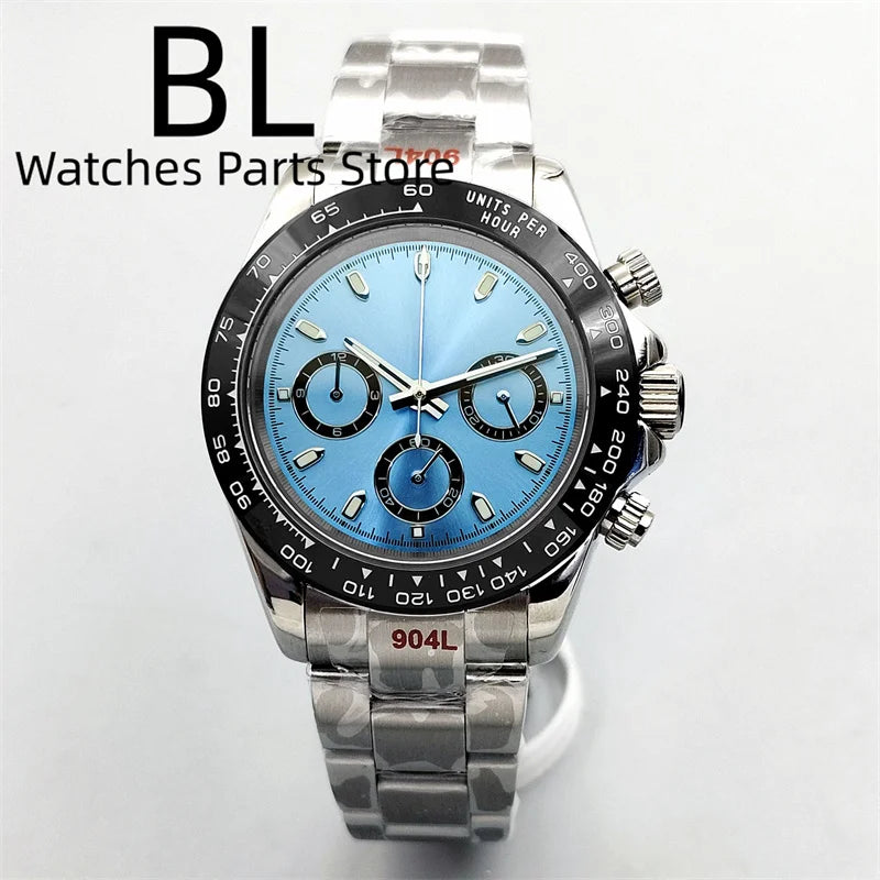 BLIGER 39mm VK63 Men's Quartz Chronograph Watch Ceramic Brown Insert Ice Blue Dial With C3 Luminous Sapphire Crystal Waterproof