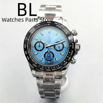 BLIGER 39mm VK63 Men's Quartz Chronograph Watch Ceramic Brown Insert Ice Blue Dial With C3 Luminous Sapphire Crystal Waterproof