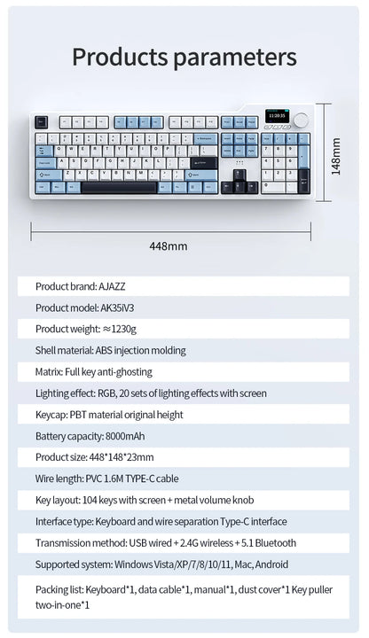 New AJAZZ AK35I V3 MAX Tri-mode Wired Bluetooth Wireless Gaming Keyboard Gasket Full Key Hot Swap 104 Keys Customized Keyboard