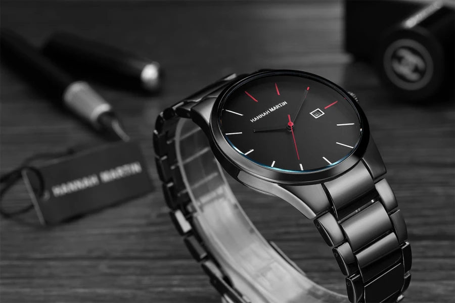 Hannah Martin herenhorloge, roestvrijstalen kast, quartz uurwerk, wijzerplaat van 41 mm, zakelijke stijl, met kalenderweergave (imitatie)