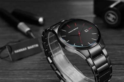 Hannah Martin herenhorloge, roestvrijstalen kast, quartz uurwerk, wijzerplaat van 41 mm, zakelijke stijl, met kalenderweergave (imitatie)