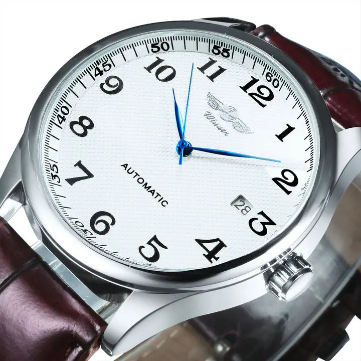 Klassiek herenhorloge – Retrostijl met datumweergave en blauwe wijzers, automatisch mechanisch uurwerk, prestigieus merk, stalen kast en leren band