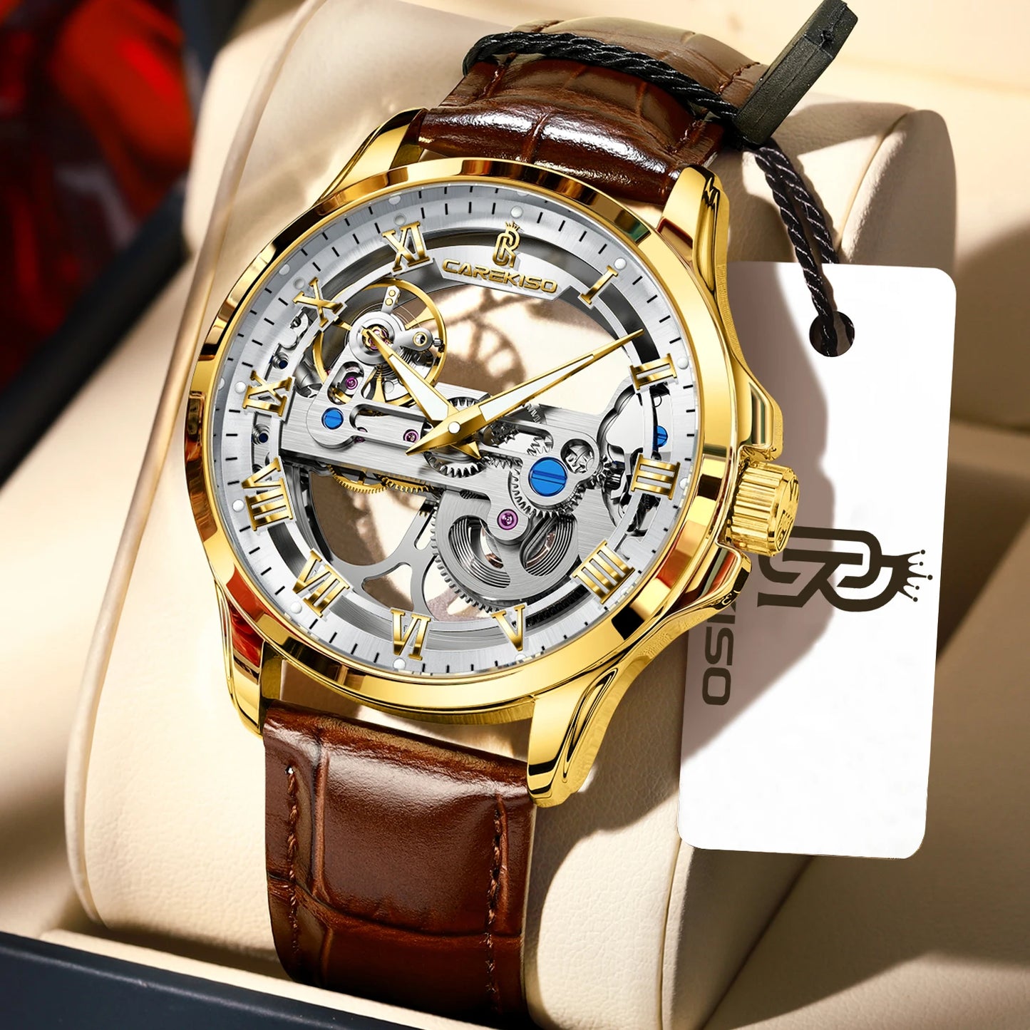 CAREKISO Fashion Men's Watches Original Mechanical Leather Men Clock Waterproof Hollow Tourbillon Automatic Man Watch Reloj Male
