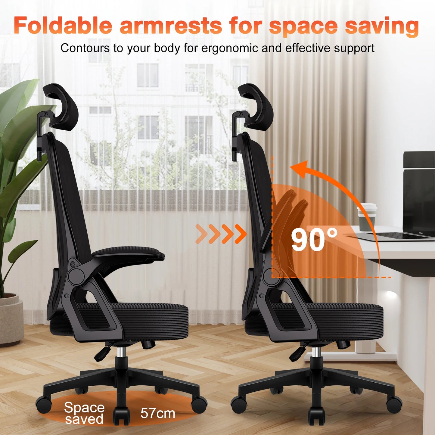 Ergonomic Office Chair with Adjustable Lumbar Support, Reclining Computer Desk Chair 90°-135°, Adjustable Headrest & Flip-Up Armrests