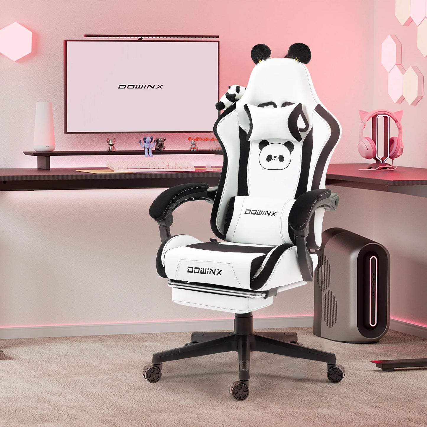 Cuki gamer szék macskafülekkel, lábtartóval, rózsaszín kawaii számítógépes szék, ergonomikus, magas háttámlás gamer ülés macskamancsos deréktámasszal