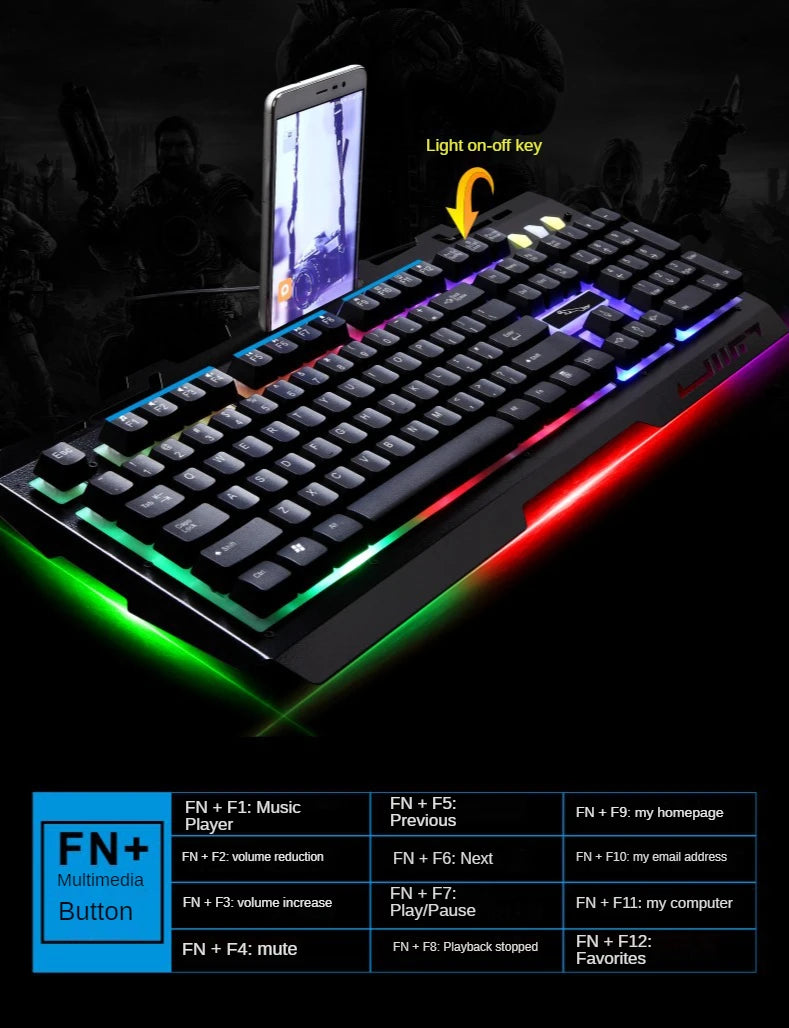USB Keyboard G700 Waterproof business personality mechanical feel metal glow mobile phone stand gaming keyboard