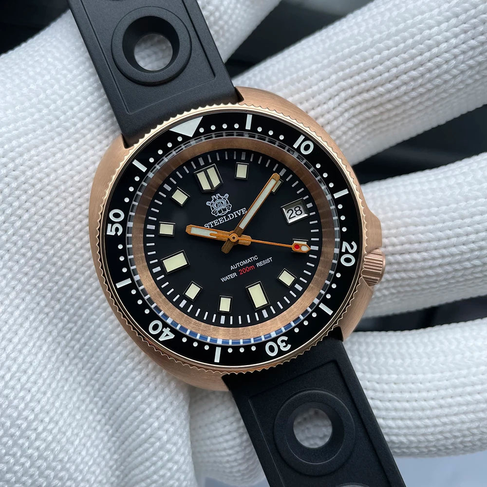 STEELDIVE Men Bronze Dive Watch 200M Water Resistant Ceramic Bronze Bezel Automatic Movement Wristwatch
