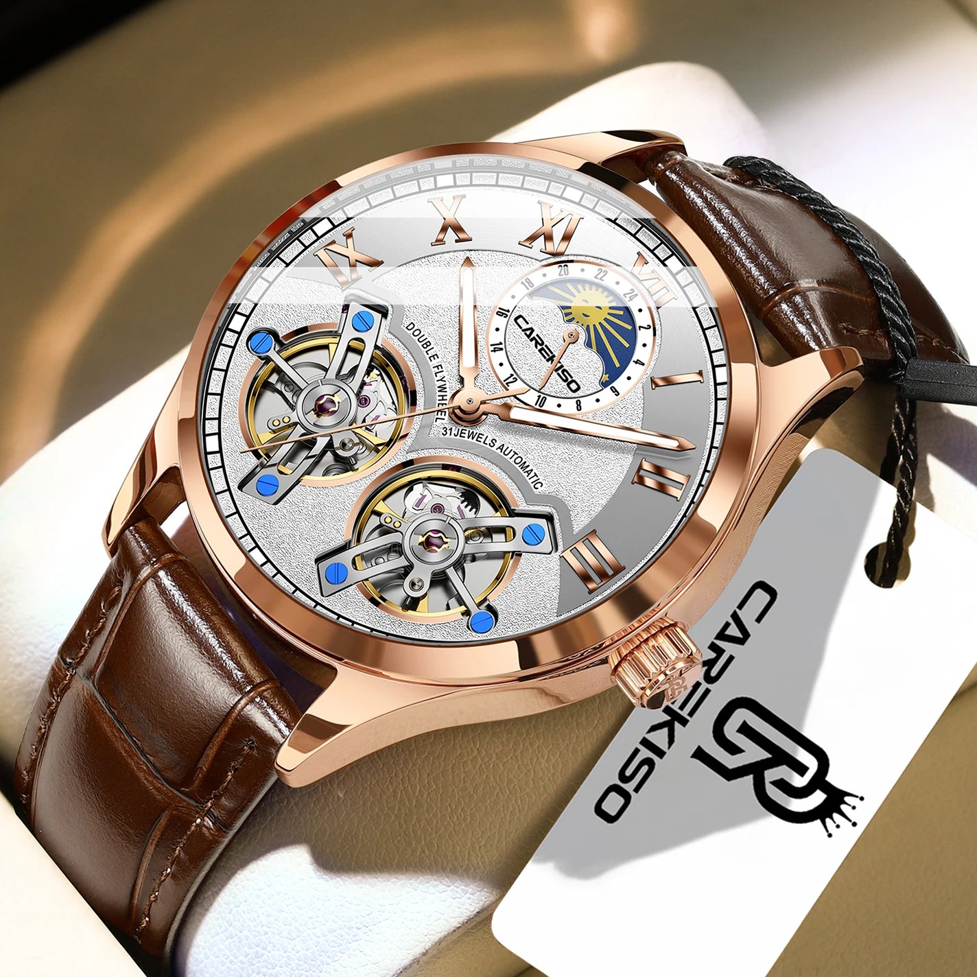 CAREKISO Fashion Men's Clock Double Hollow Tourbillon Automatic Mechanical Man Watch Waterproof Luminous Leather Men's Watches+Box