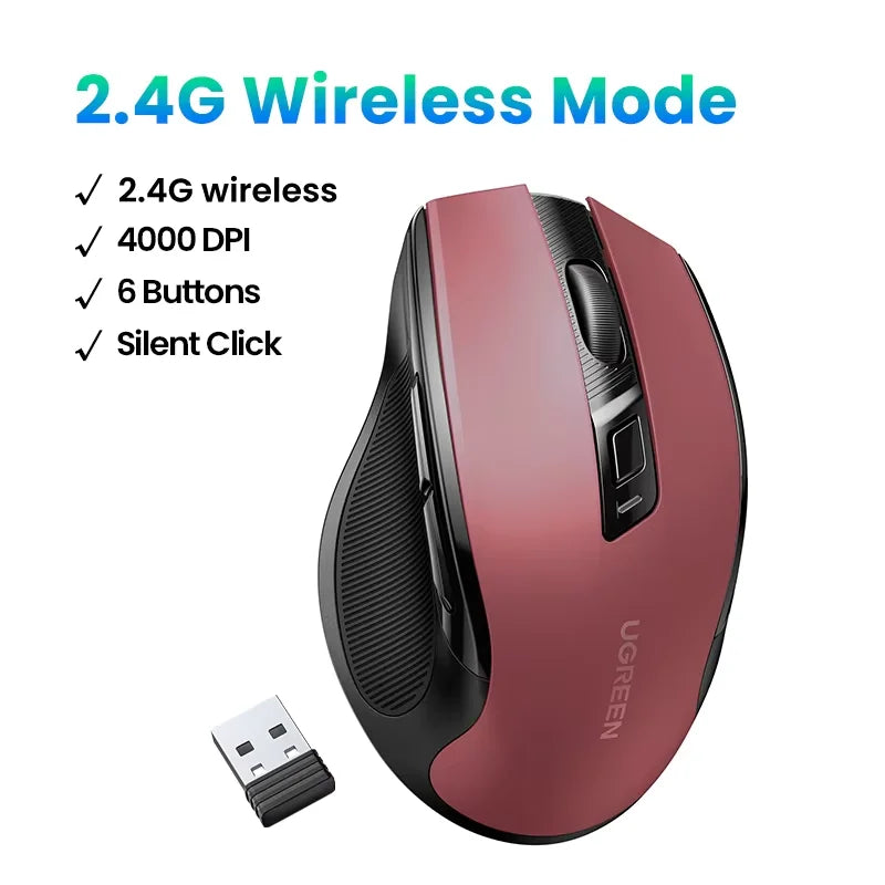 Bezdrátová myš UGREEN Bluetooth 5.0, ergonomická myš 4000 DPI se 6 tichými tlačítky pro MacBook, tablet, notebook, počítač PC, 2.4G myši