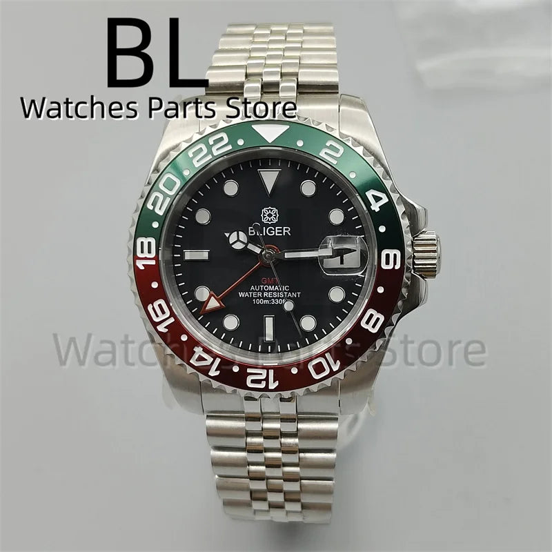 BLIGER 40mm 515 24H GMT Men's Watch Stainless Steel Clasp Luminous Quartz Movement Ceramic Bezel 10Bar Waterproof Sapphire Glass