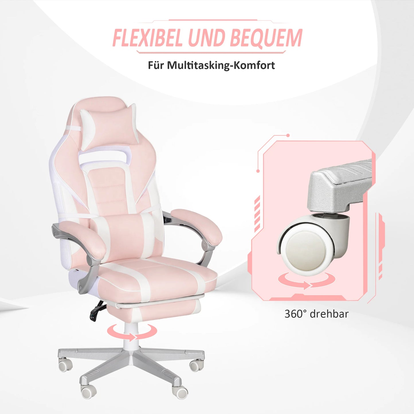 Pink Gaming Chair with Footrest, Adjustable High Back Gaming Chair with Headrest & Lumbar Pillow, 360° Swivel Ergonomic Faux Leather Gaming Chair for Office & Gaming