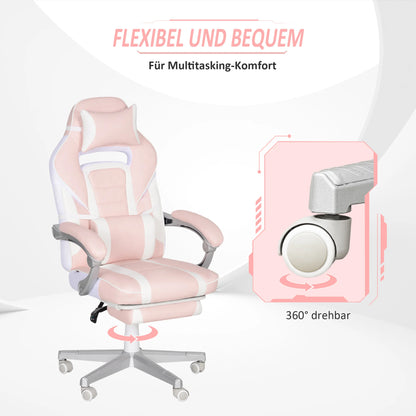Pink Gaming Chair with Footrest, Adjustable High Back Gaming Chair with Headrest & Lumbar Pillow, 360° Swivel Ergonomic Faux Leather Gaming Chair for Office & Gaming
