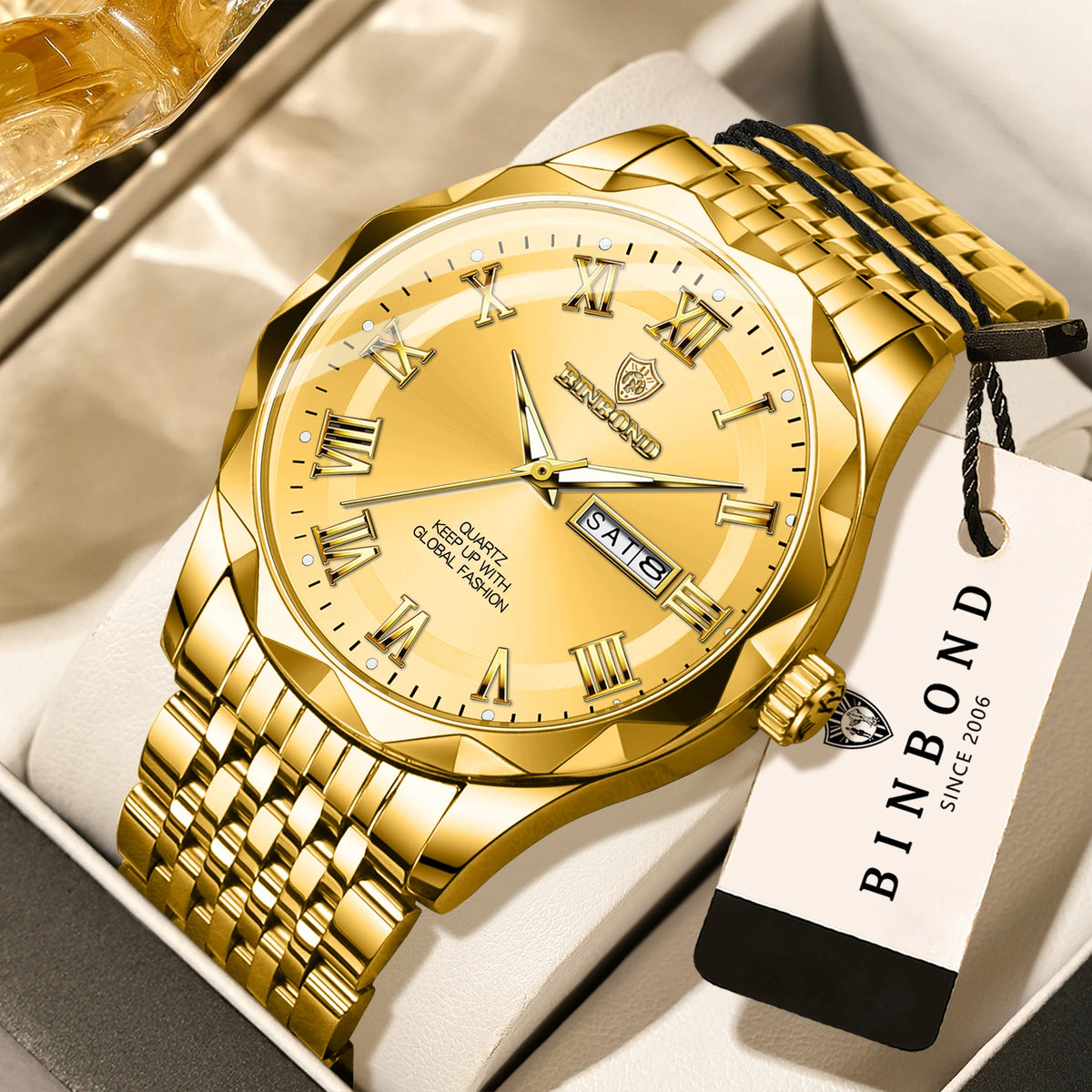 Luxe BINBOND Original Brand quartz-polshorloge voor heren, verlicht, waterdicht, automatische datum, weergave van de weekdag, casual stijl.
