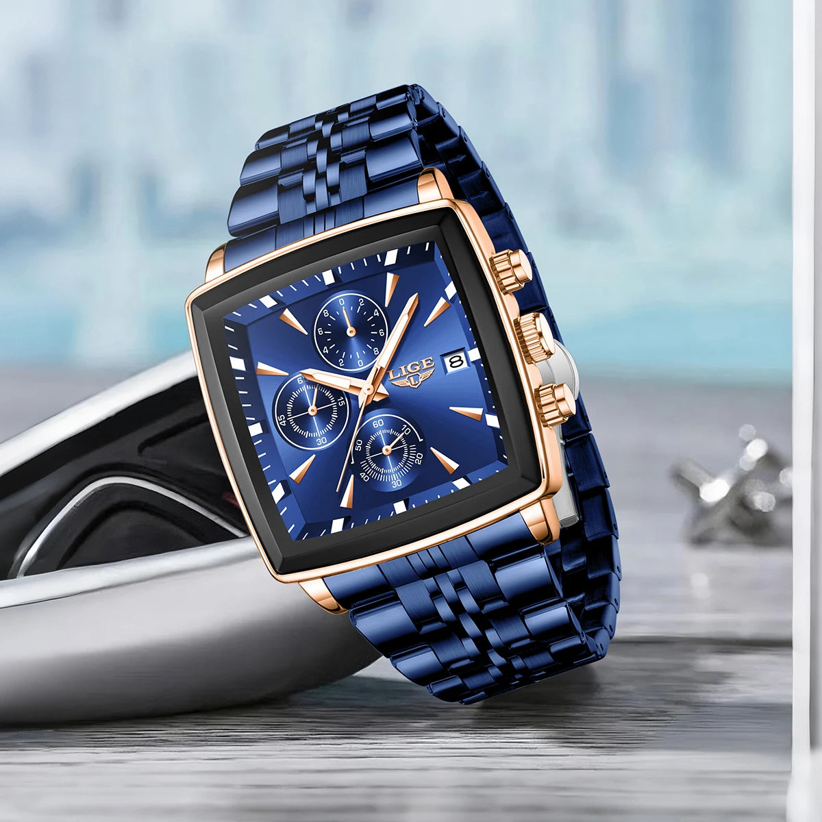 Relojes de lujo para hombre LIGE, modelo cuadrado, estilo clásico y moderno, de acero inoxidable, resistentes al agua, deportivos y desenfadados, con mecanismo de cuarzo.