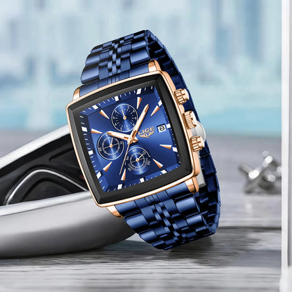Relojes de lujo para hombre LIGE, modelo cuadrado, estilo clásico y moderno, de acero inoxidable, resistentes al agua, deportivos y desenfadados, con mecanismo de cuarzo.