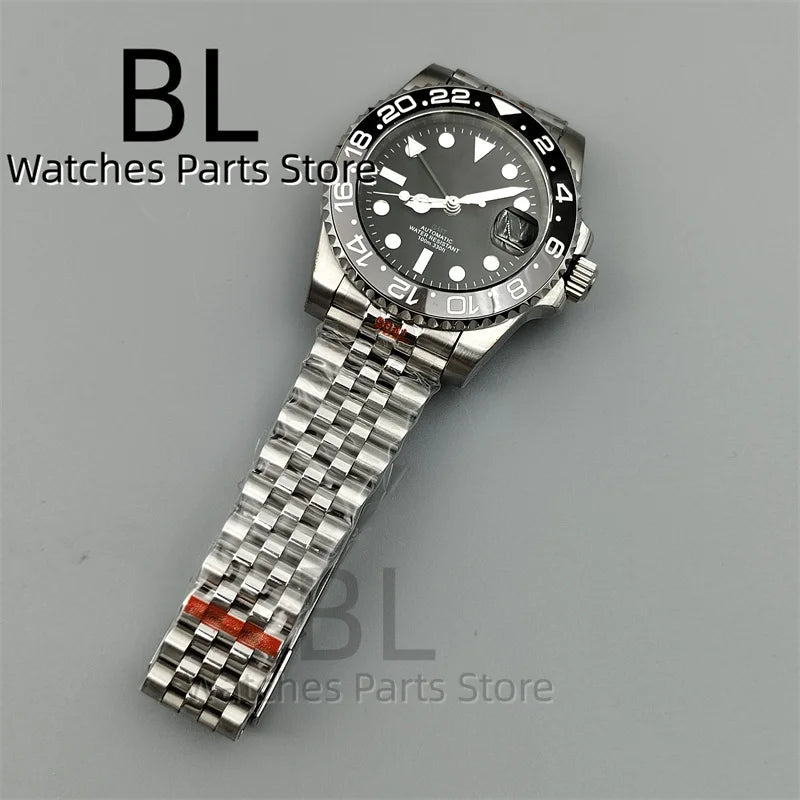 BLIGER 40mm NH34 GMT Watch For Men With Black Gray Ceramic Bezel Sapphire Glass Green Gmt Hands Green GMT Text Jubilee Bracelet