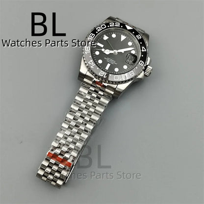 BLIGER 40mm NH34 GMT Watch For Men With Black Gray Ceramic Bezel Sapphire Glass Green Gmt Hands Green GMT Text Jubilee Bracelet