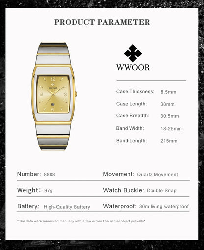 Relogio Masculino WWOOR New Man's Square Watch For Men with Automatic Date Luxury Stainless Steel Gold Mens Quartz Wrist Watches