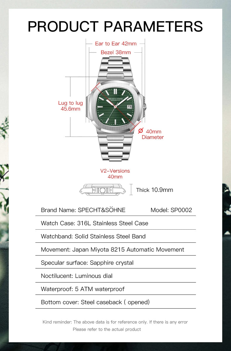 Specht&Sohne 2025 New Classic Men's Watches Luxury Automatic Watch For Men Stainless Steel Sapphire 8215 Mechanical WristWatch