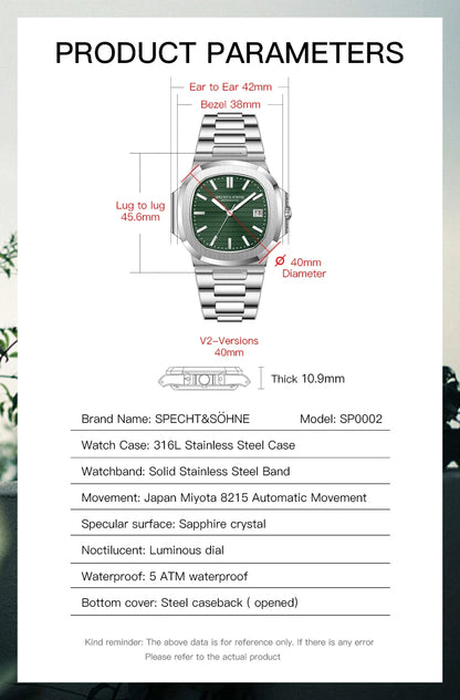 Specht&Sohne 2025 New Classic Men's Watches Luxury Automatic Watch For Men Stainless Steel Sapphire 8215 Mechanical WristWatch