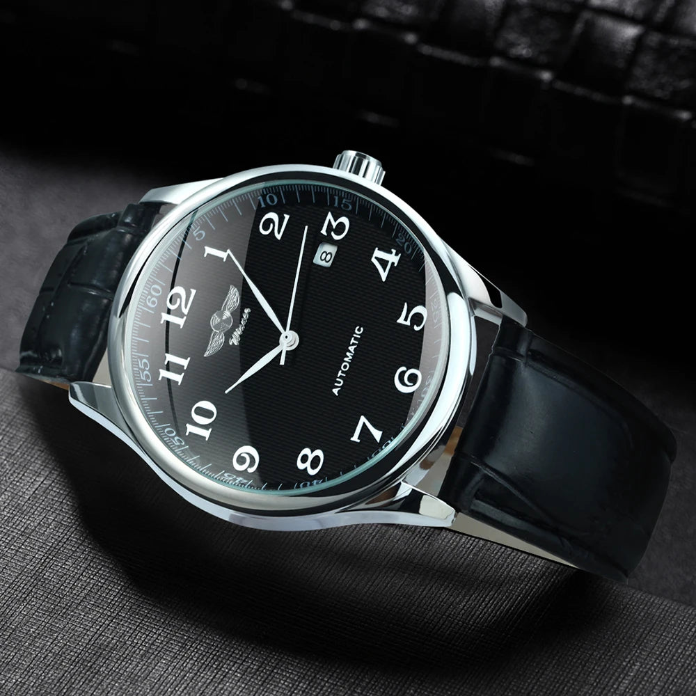 Klassiek herenhorloge – Retrostijl met datumweergave en blauwe wijzers, automatisch mechanisch uurwerk, prestigieus merk, stalen kast en leren band