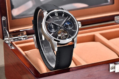 PAGANI DESIGN – Mechanische Luxusuhr für Herren, 41 mm, Saphirglas, Lederarmband, wasserdicht, Pilotenstil, mit Tourbillon und Mondphase