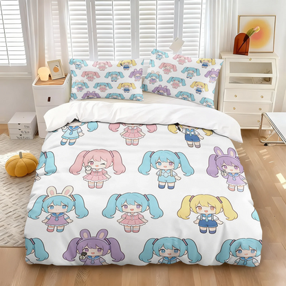 Komplet posteljnine Hatsune Miku v slogu chibi – simpatična anime posteljnina z vzglavniki za igralno sobo, dekoracija za otroško in najstniško spalnico, darilo za oboževalce