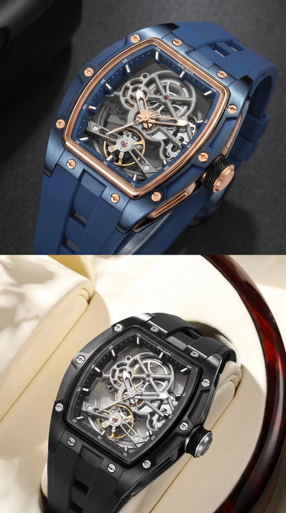 Reloj mecánico para hombre MEGIR, forma de barril, esfera esqueletizada calada, estilo deportivo, correa de silicona, reloj automático de lujo