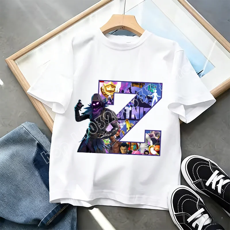 Тениска Fortnite A-Z Alphabet Print за деца, лятна бяла дреха, популярна тениска с анимационна игра, модерен ежедневен топ с къс ръкав, подарък