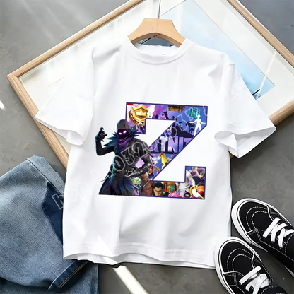 Тениска Fortnite A-Z Alphabet Print за деца, лятна бяла дреха, популярна тениска с анимационна игра, модерен ежедневен топ с къс ръкав, подарък