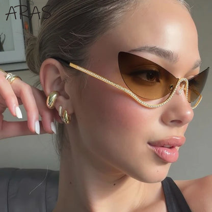 Sexy Cat Eye Rimless Sunglasses Women 2026 Luxury Brand Trendy Rhinestone Sun Glasses Punk Metal Frame Eyewear Outdoor Shades