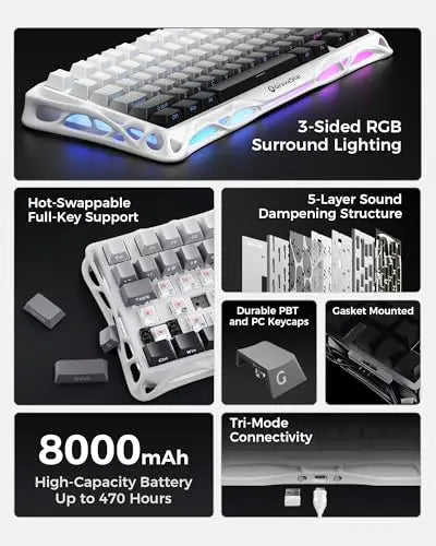 GravaStar Mercury K1 75% Wireless Mechanical Gaming Keyboard, Aluminum Alloy Exoskeleton Design, RGB Backlit，Hot-Swap Socket