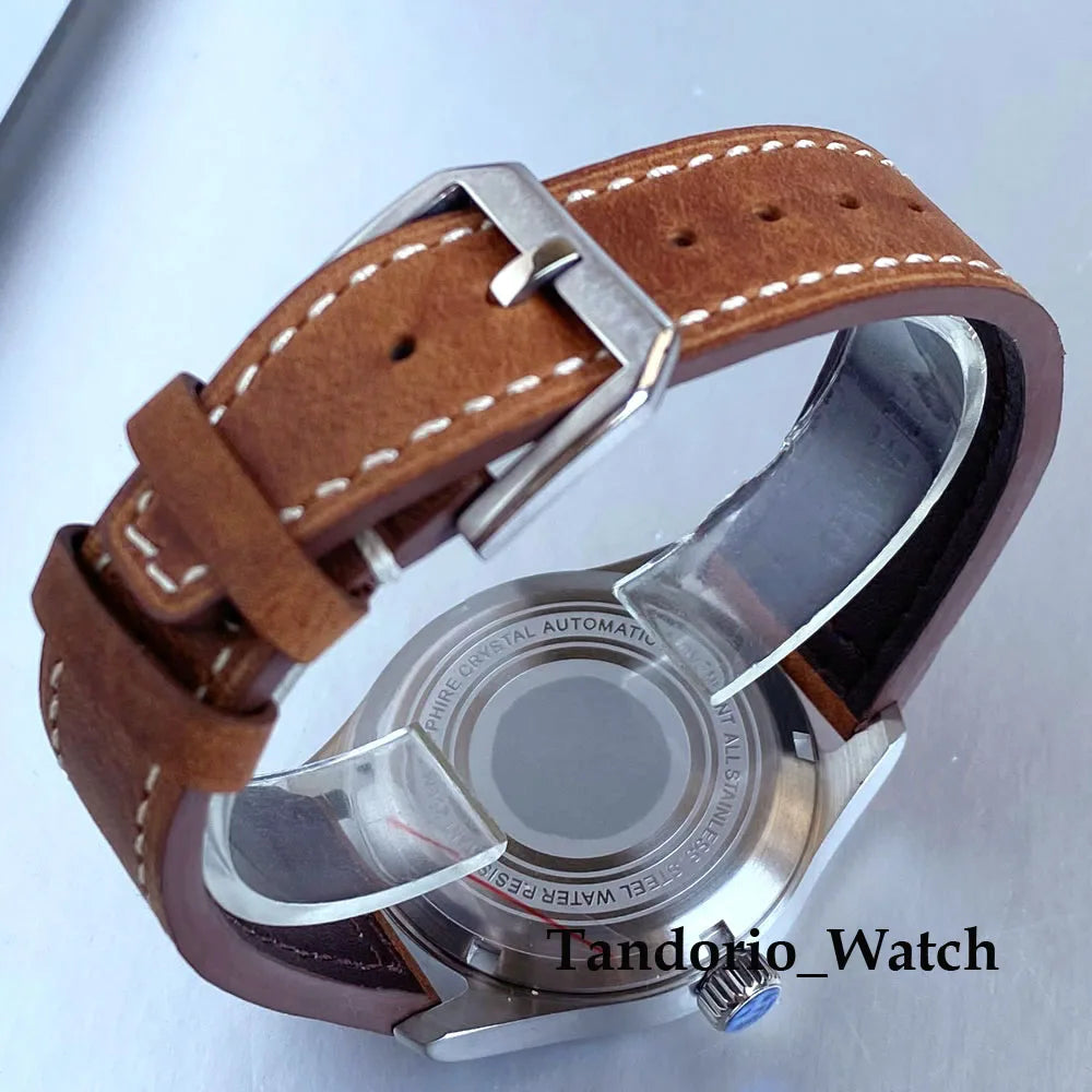 Tandorio 39mm Luxury Pilot Style Automatic Mechanical Men Watch For Miyota 8215 Movement 20ATM Luminous Diver Wristwatch Leather