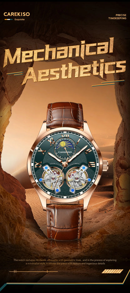 CAREKISO Fashion Men's Clock Double Hollow Tourbillon Automatic Mechanical Man Watch Waterproof Luminous Leather Men's Watches+Box