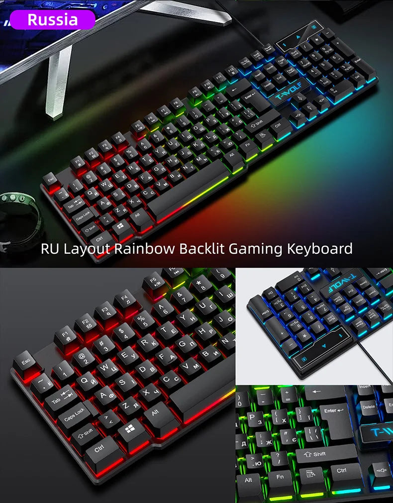 Mechanical feel Gaming Keyboard Light Backlit RGB wired keyboard USB office home media keys Russian Spanish Arabic English