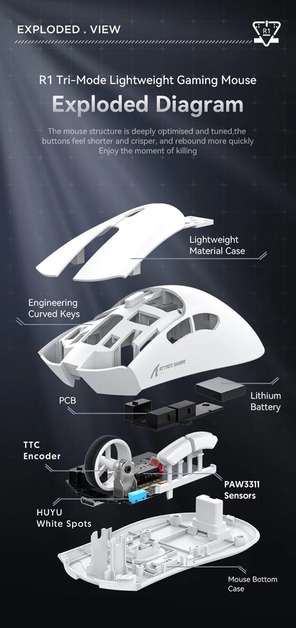 Attack Shark R1 Tri-Mode 2.4g-BT-Wired, PAW3311 18000DPI, 59g Lightweight Gaming Mouse