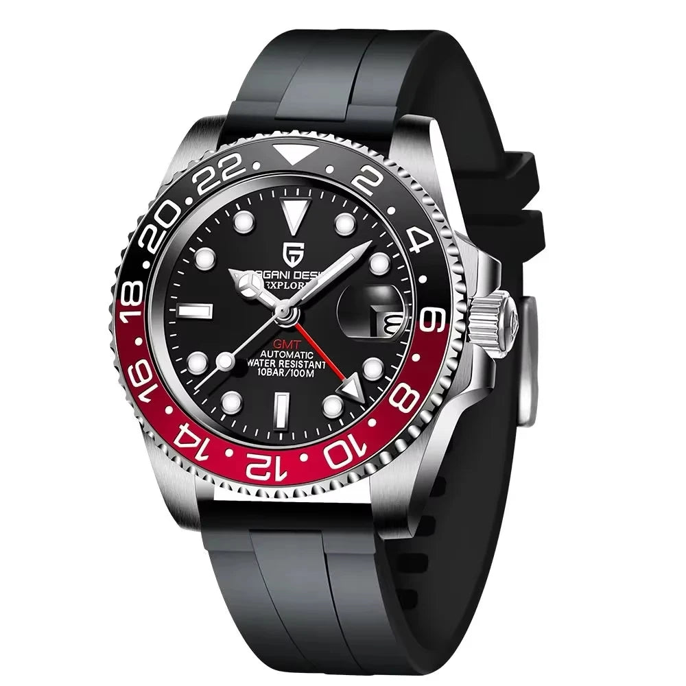 PAGANI DESIGN 40mm GMT Men's Mechanical Watches Rubber Strap Rotating Bezel 100 Waterproof Sports Wristwatch Mens Business Clock