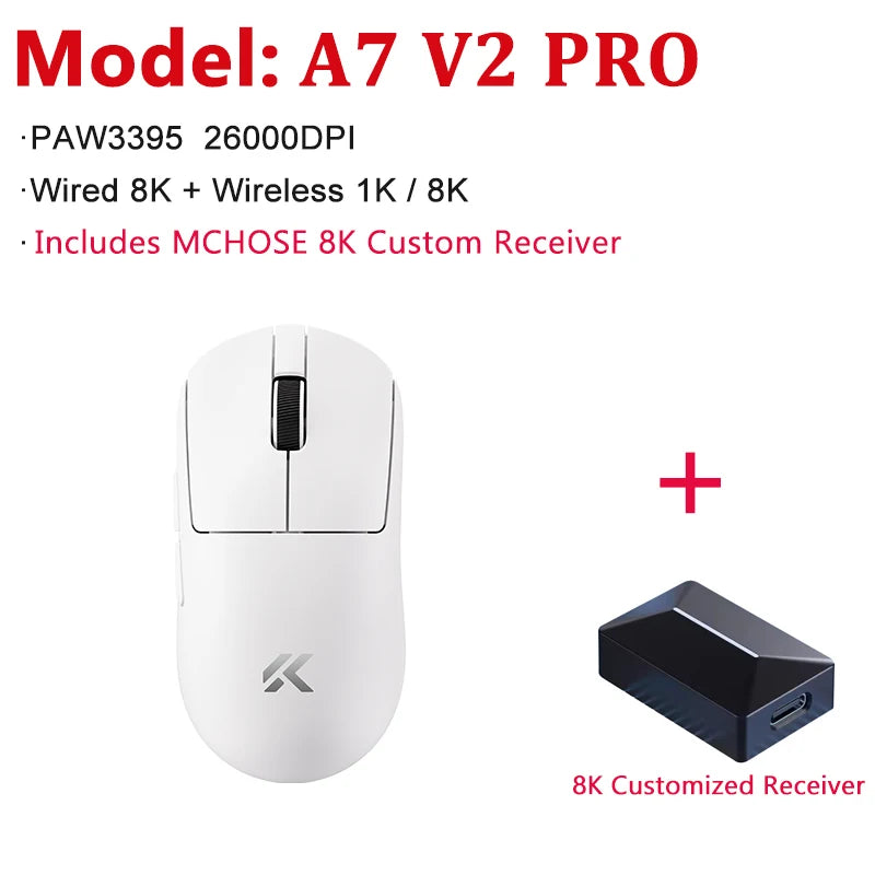 MCHOSE A7 V2 Ultra / Pro lahka brezžična gaming miška z dvojnim 8000Hz, PAW3950 TI, 42000DPI, za PC e-športne igralce