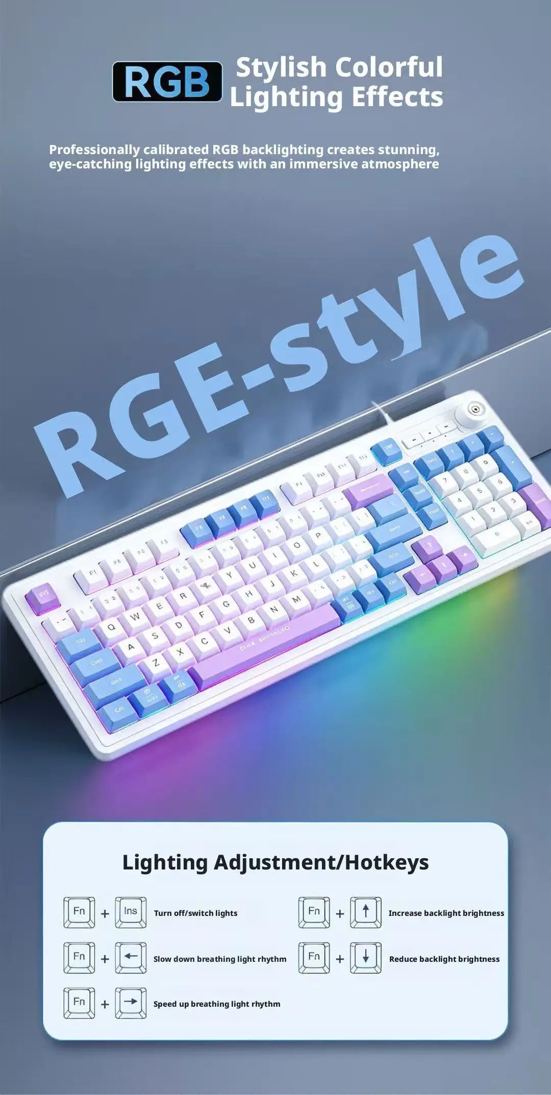 Wired Gaming Keyboard Mechanical Feel with Rotary Knob Three Color Mixed Backlit for PC Desktop Laptop Computer Accessories